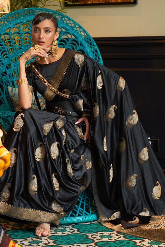 Rock Black Zari Woven Satin Silk Saree