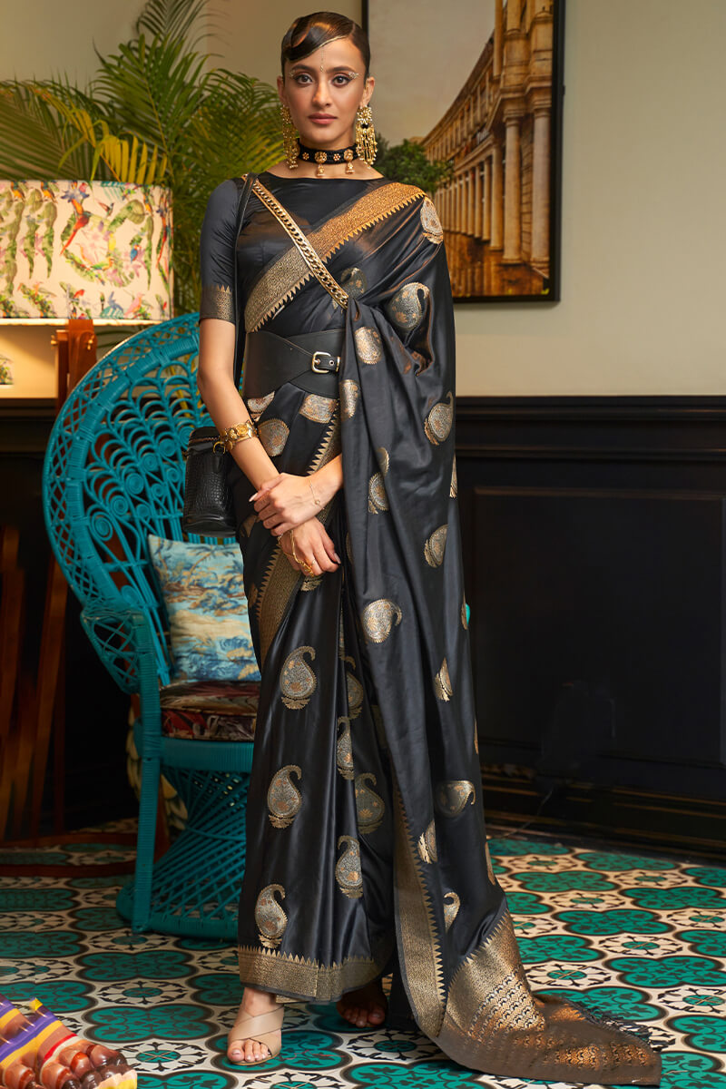 Rock Black Zari Woven Satin Silk Saree