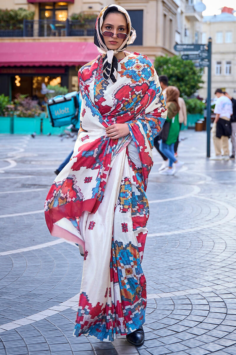 Rose White Digital Printed Satin Silk Saree