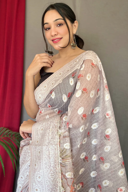 Rose White Lucknowi Cotton Silk Saree