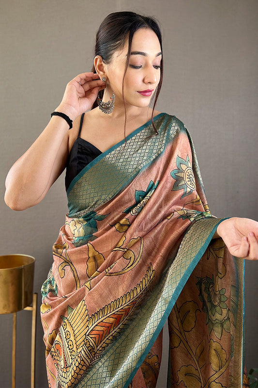 Rosy Brown Kalamkari Printed Tussar silk Saree