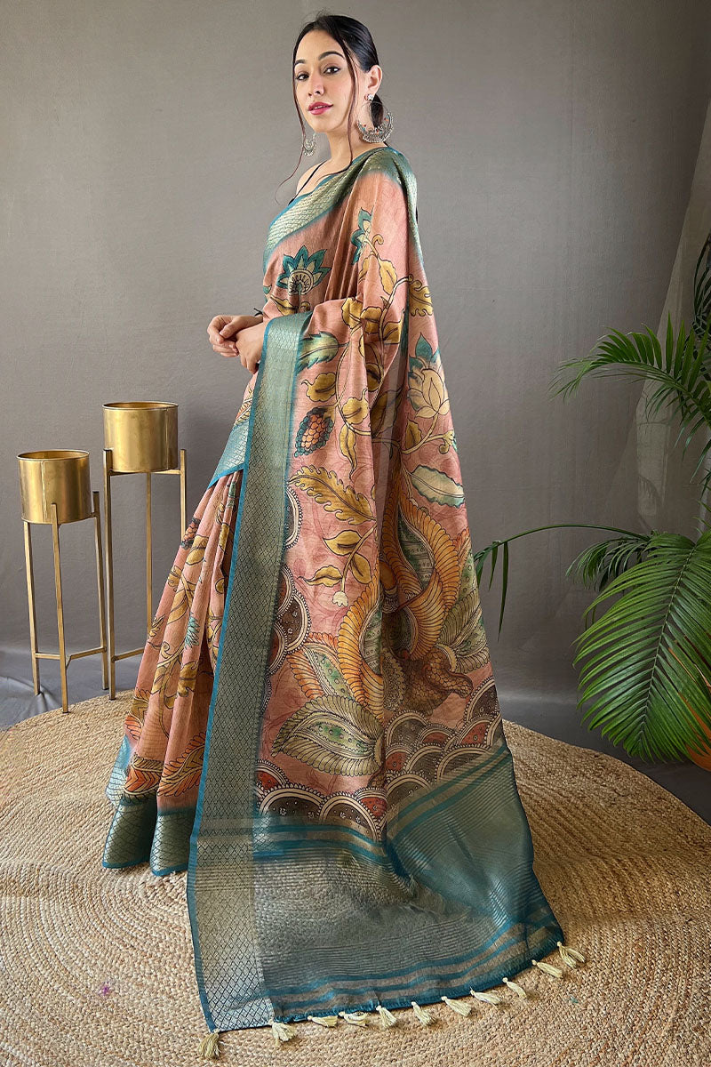 Rosy Brown Kalamkari Printed Tussar silk Saree