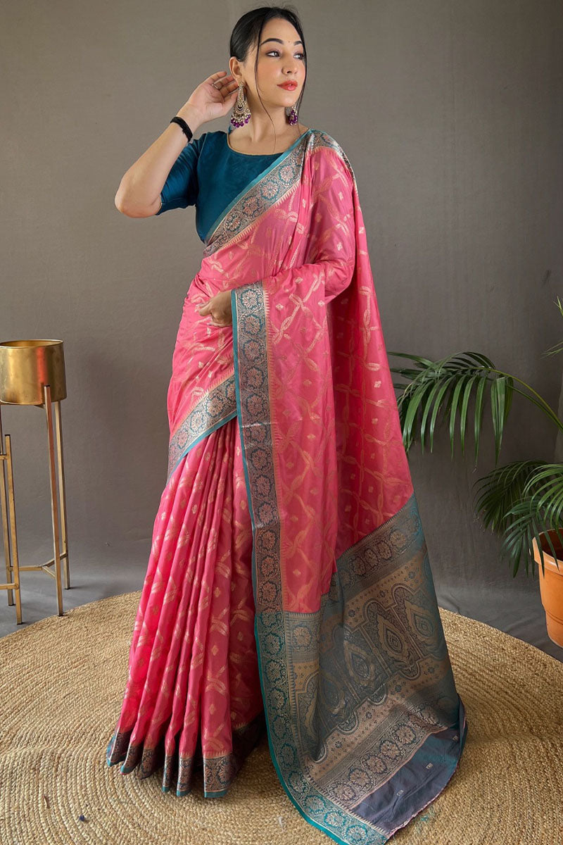 Rosy Pink Zari Woven Banarasi Silk Saree