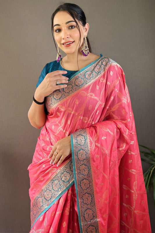 Rosy Pink Zari Woven Banarasi Silk Saree