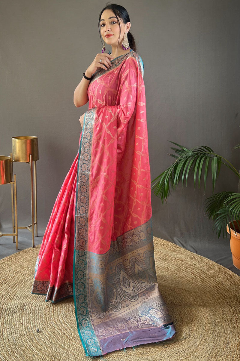 Rosy Pink Zari Woven Banarasi Silk Saree