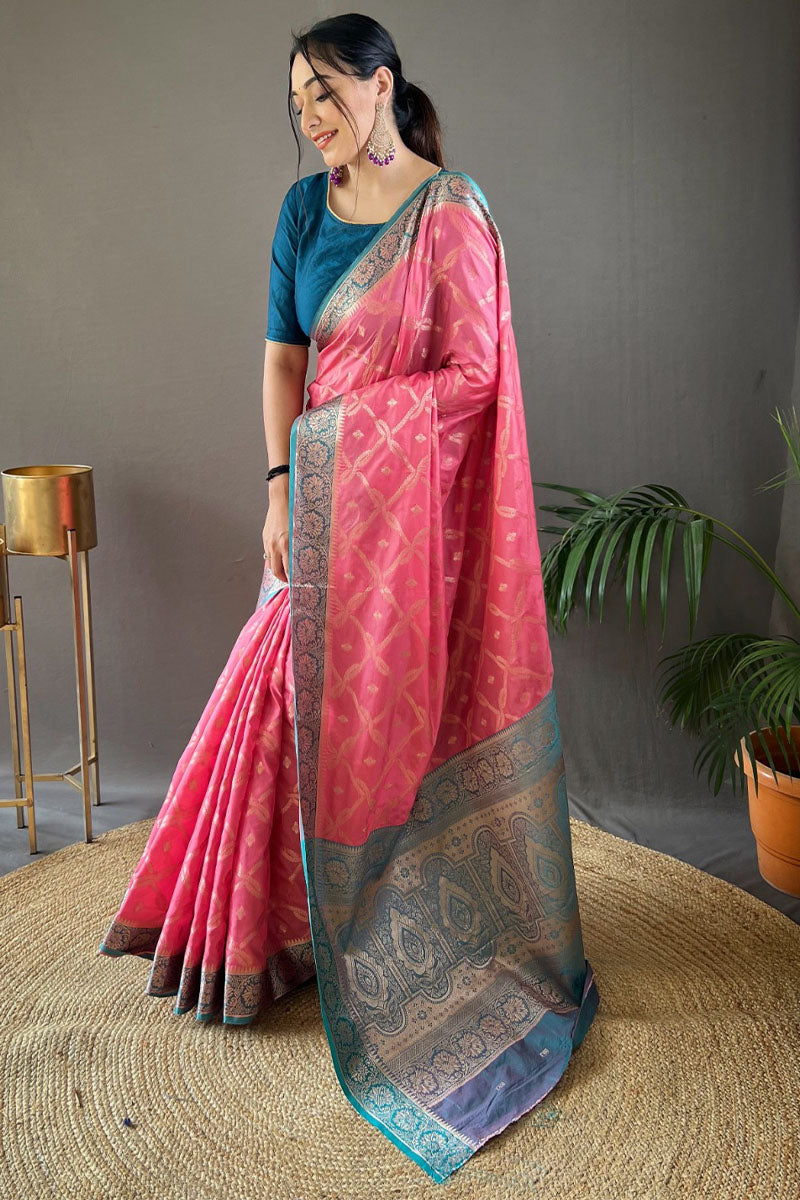 Rosy Pink Zari Woven Banarasi Silk Saree