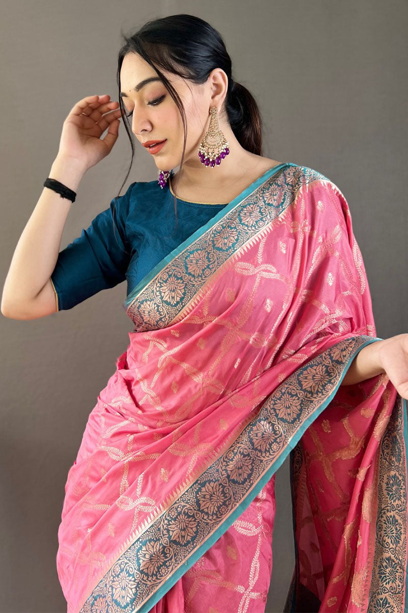 Rosy Pink Zari Woven Banarasi Silk Saree