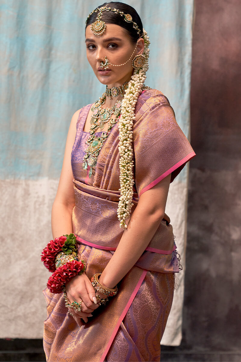 Ruddy Pink Kanjivaram Handloom Silk Saree