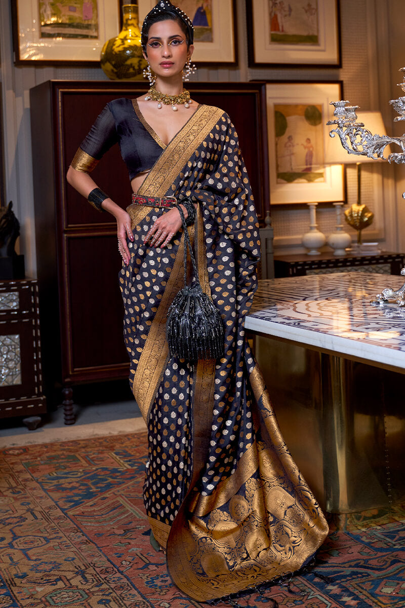 Russian Black Copper Zari Woven Banarasi Silk Saree