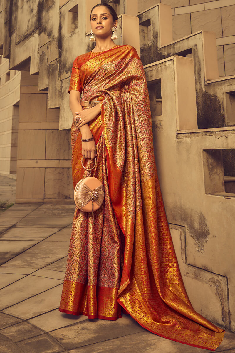 Rusty Red Woven Banarasi Brocade Silk Saree