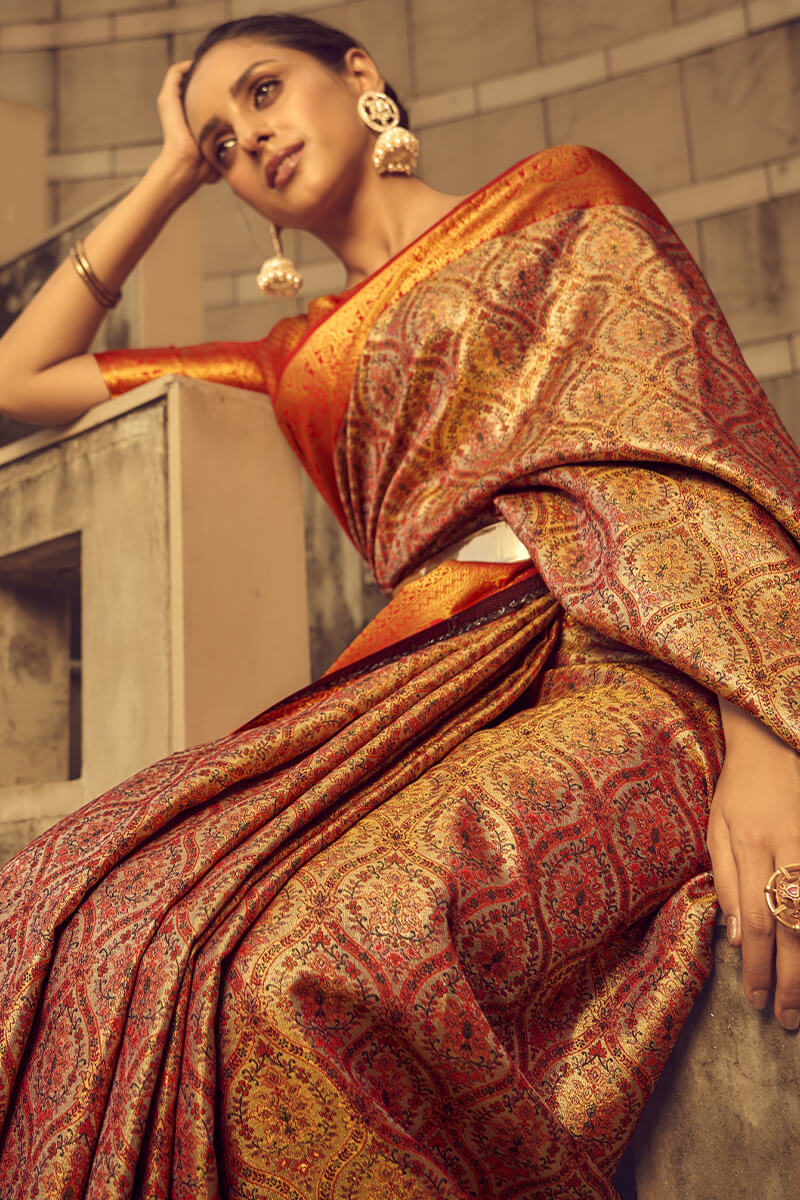 Rusty Red Woven Banarasi Brocade Silk Saree