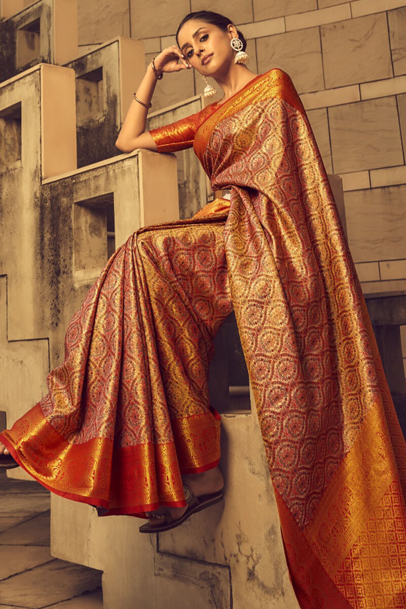 Rusty Red Woven Banarasi Brocade Silk Saree