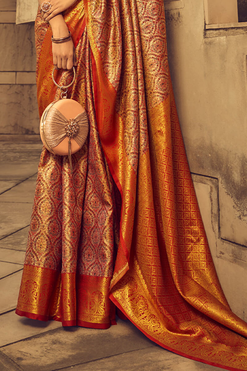 Rusty Red Woven Banarasi Brocade Silk Saree