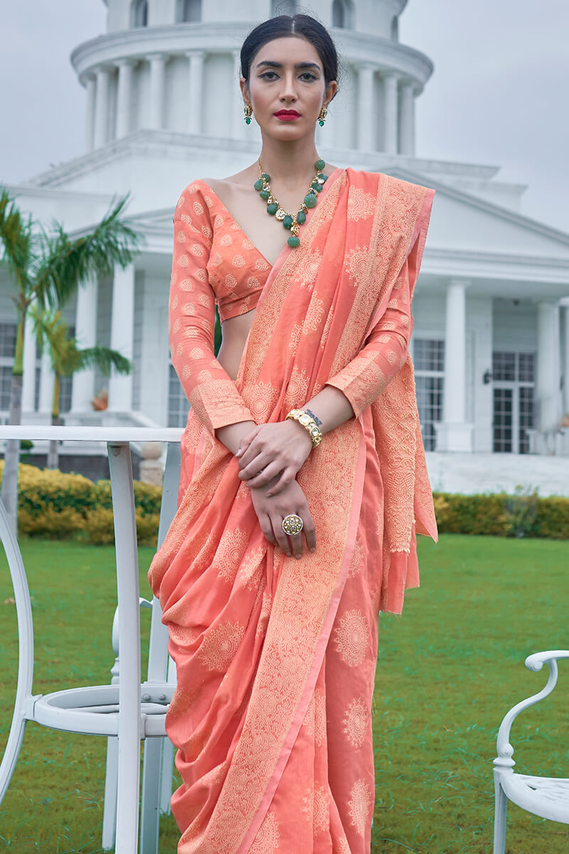 Salmon Pink Lucknowi Chickankari Silk Saree