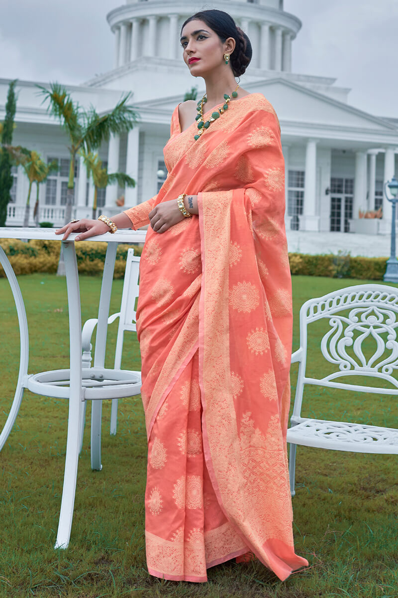 Salmon Pink Lucknowi Chickankari Silk Saree