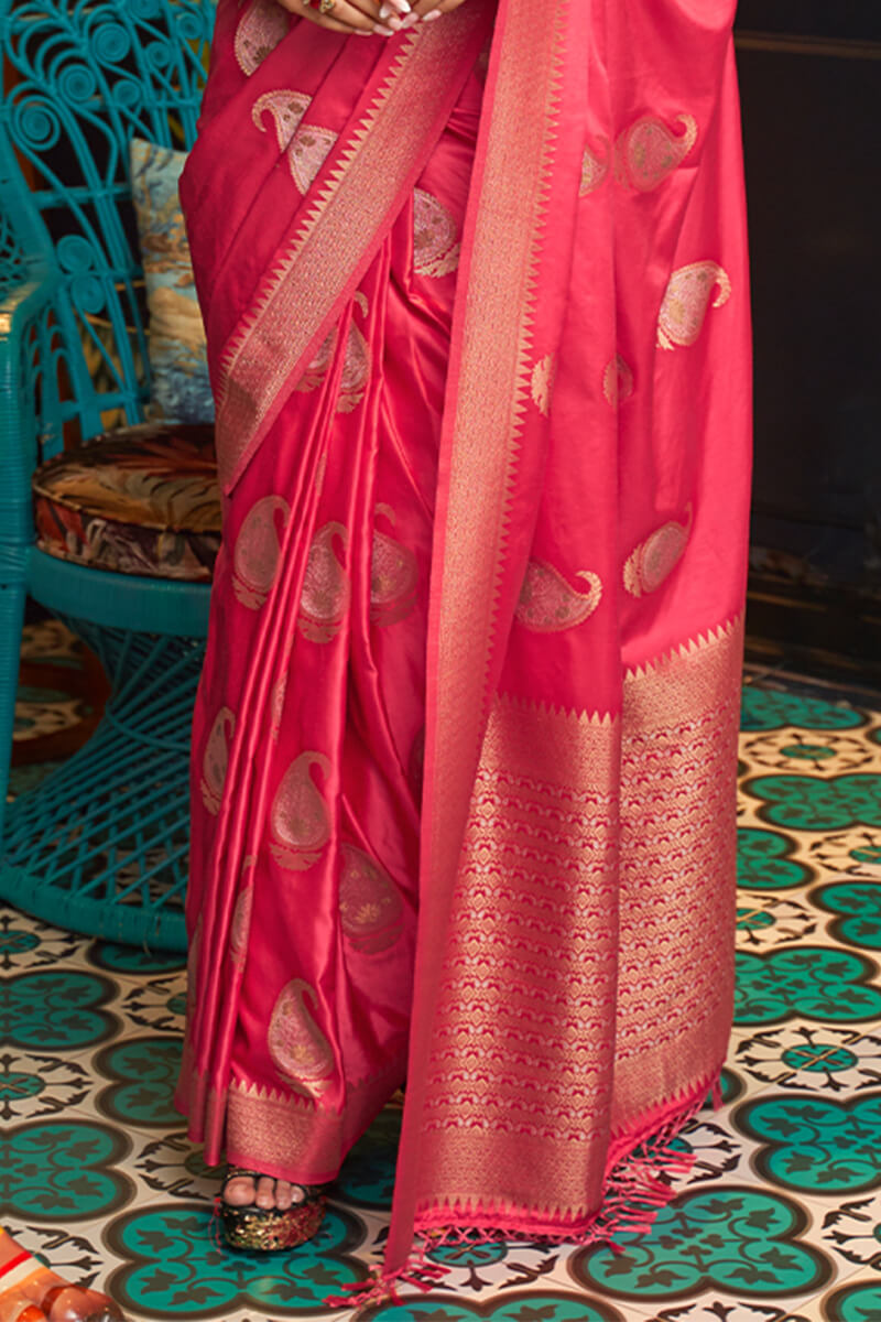 Salmon Pink Zari Woven Satin Silk Saree