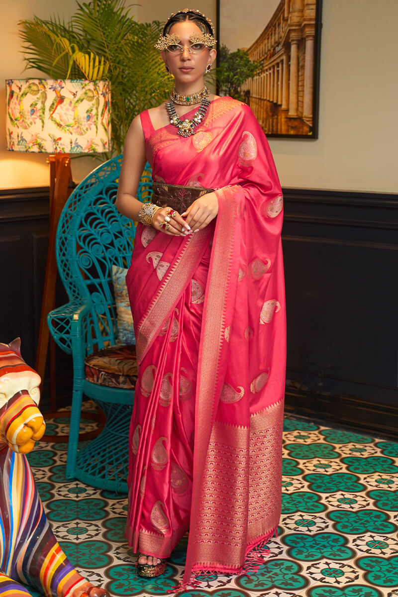 Salmon Pink Zari Woven Satin Silk Saree