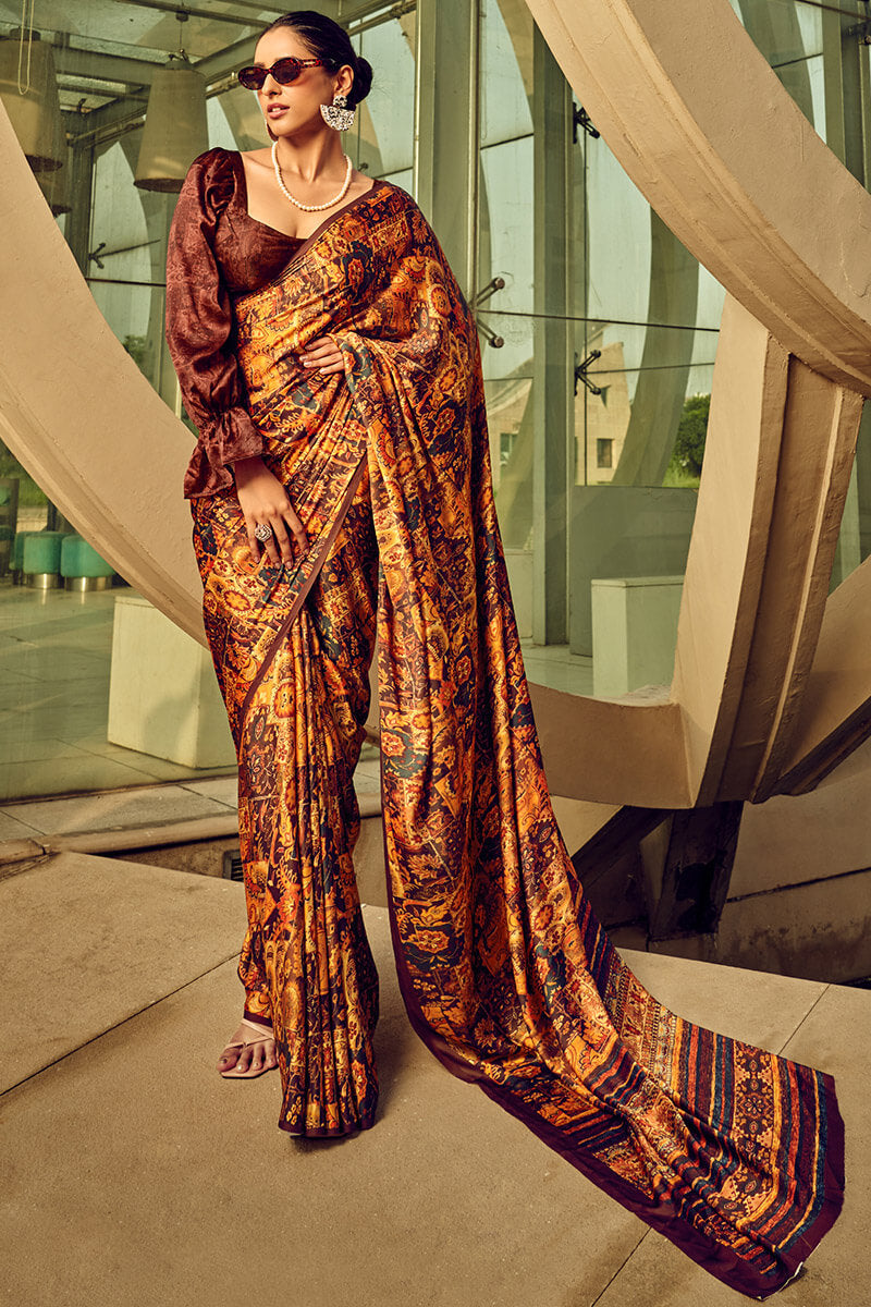 Sanguine Brown Printed Satin Silk Saree