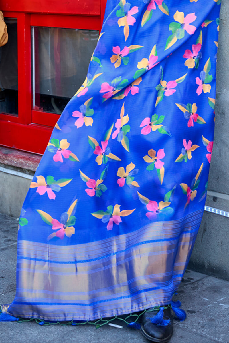 Sapphire Blue Organza Printed Satin Silk Saree