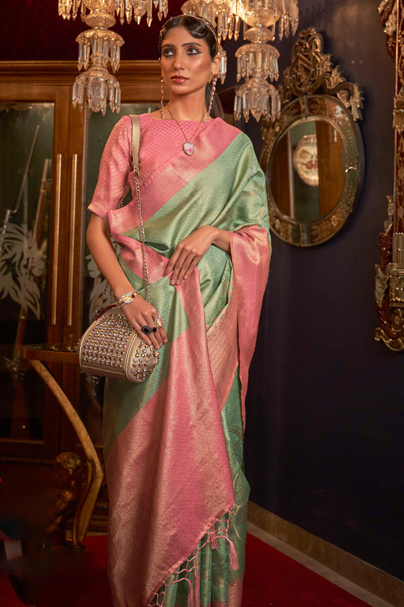 Sea Green and Pink Kanjivaram Silk Saree