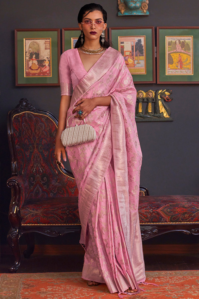 Sea Pink Zari Woven Banarasi Silk Saree