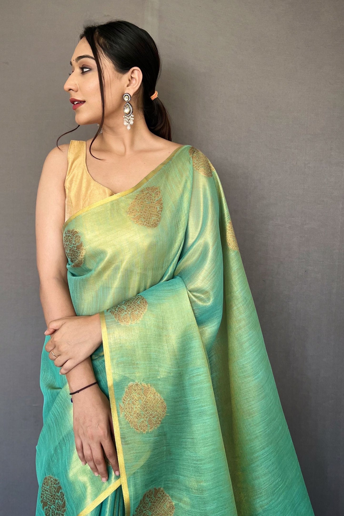 Sea Green Jacquard Woven Tissue Silk Saree