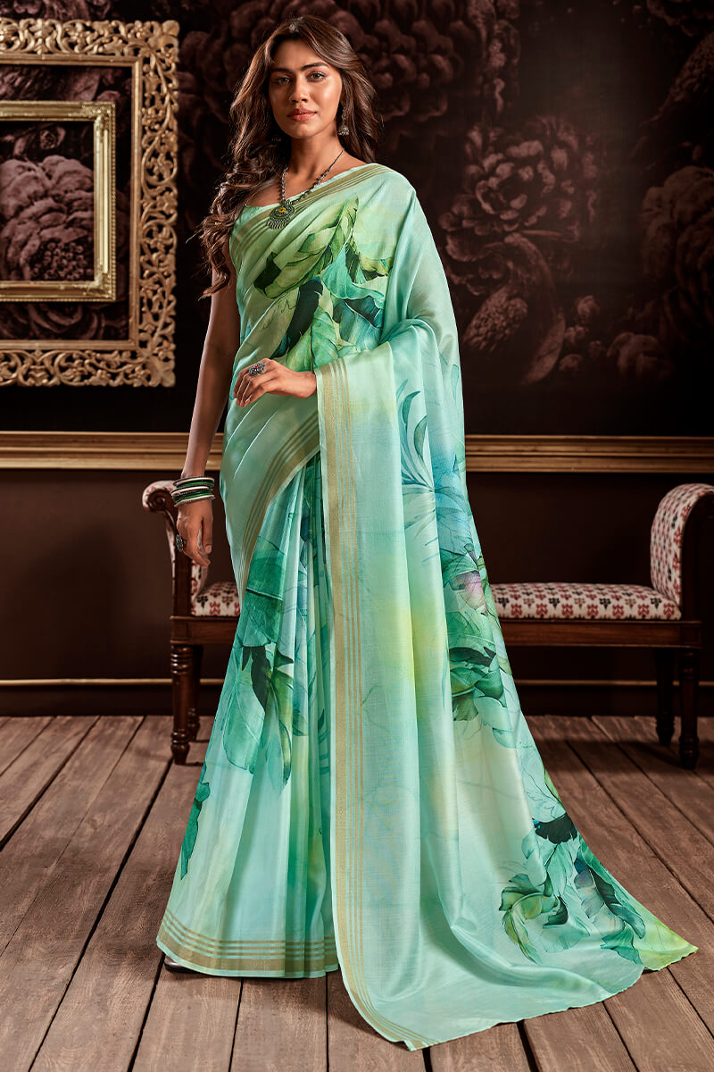 Shadow Green Floral Printed Silk Saree