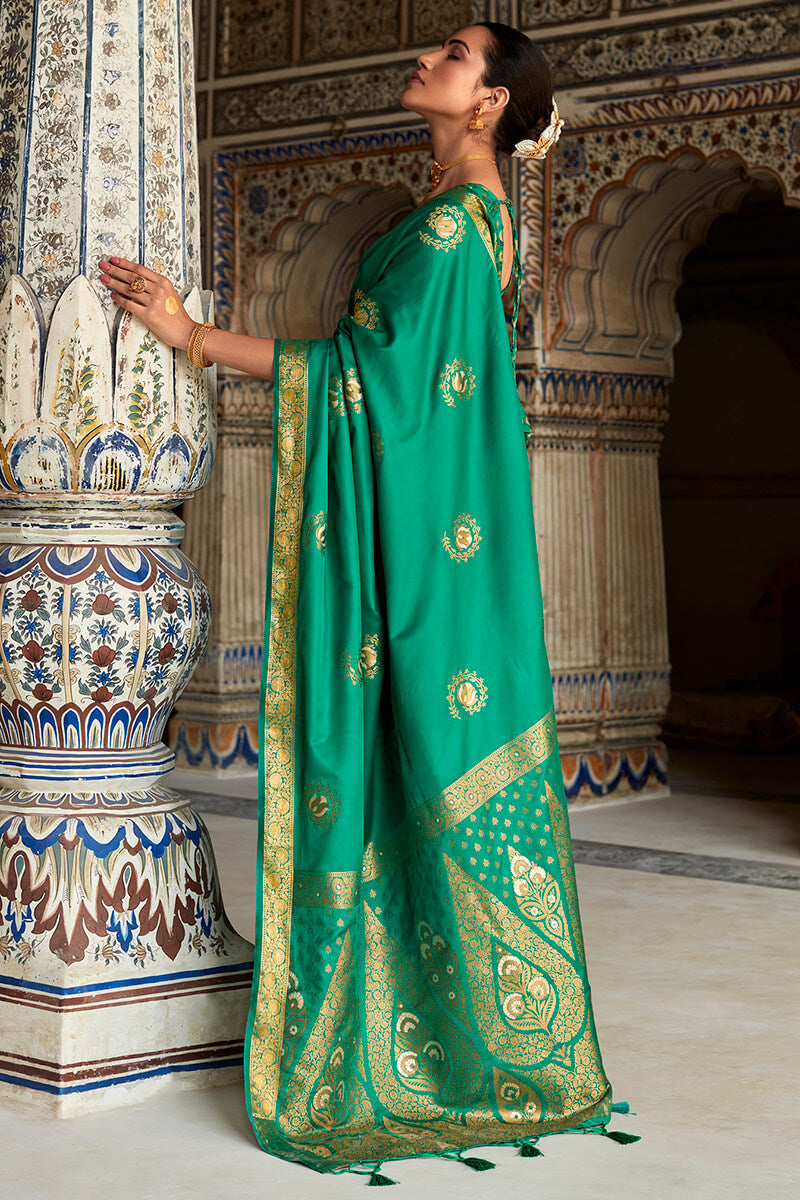 Shamrock Green Zari Woven Pure Satin Silk Saree