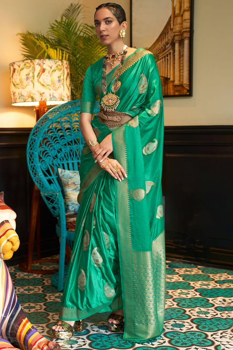 Shamrock Green Zari Woven Satin Silk Saree