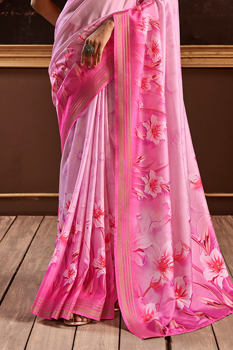 Sherbet Pink Floral Printed Silk Saree