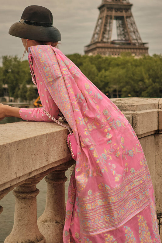 Sherbet Pink Kashmiri Modal Organza Silk Saree