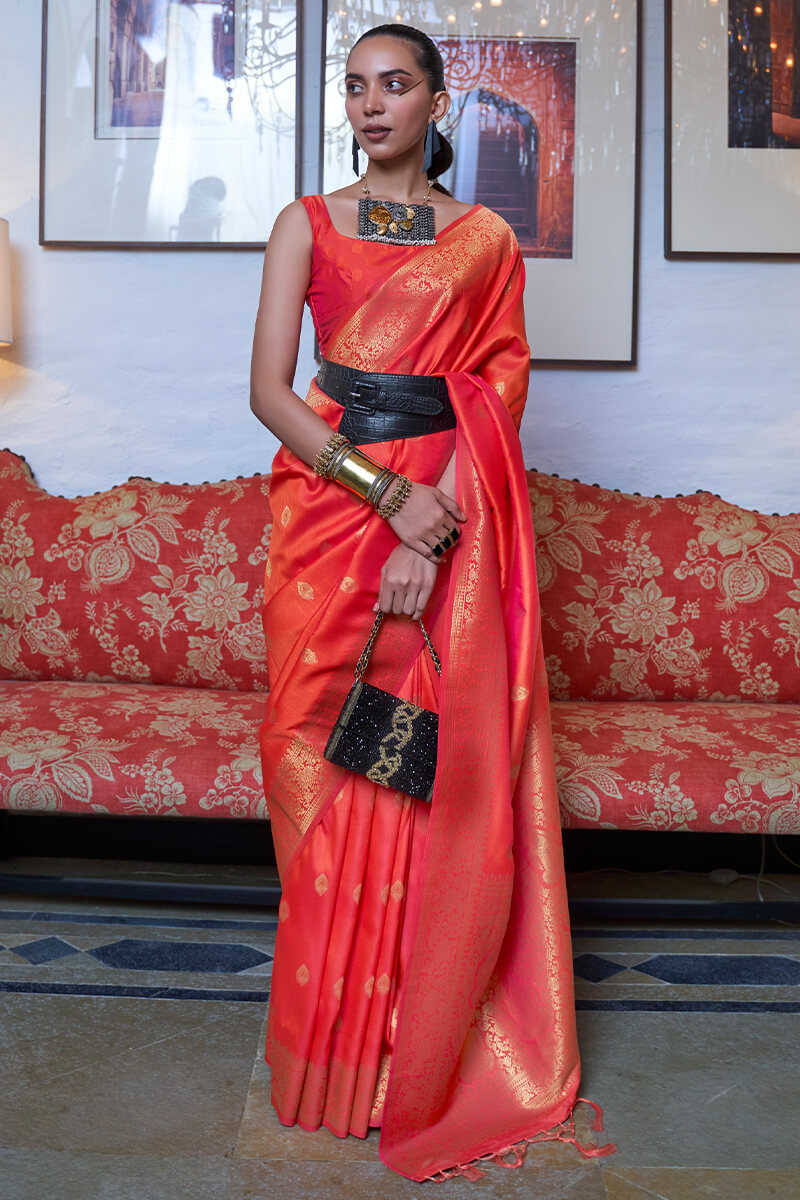 Shocking Orange Dual Tone Zari Woven Banarasi Silk Saree