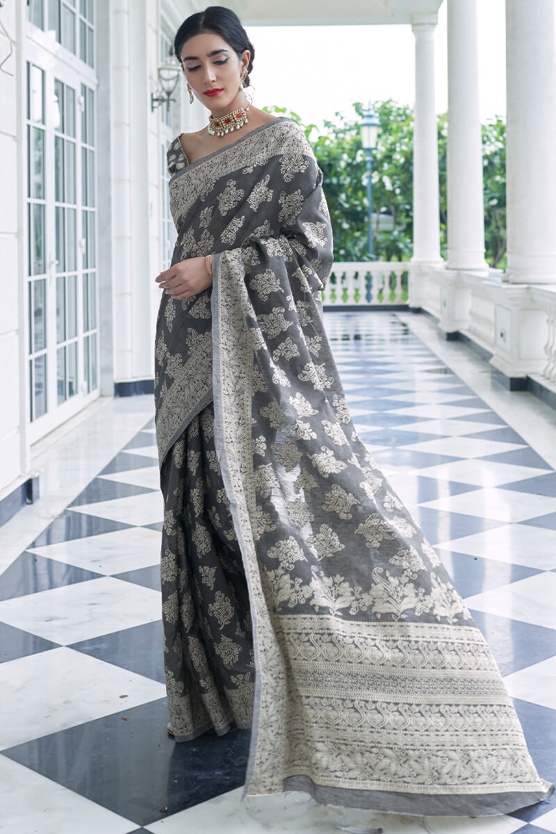 Shuttle Grey Lucknowi Chickankari Silk Saree