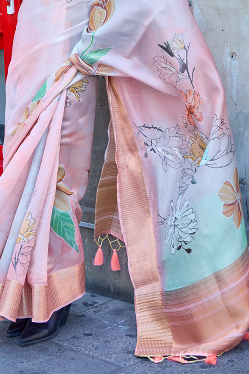 Sky and Peach Organza Printed Satin Silk Saree