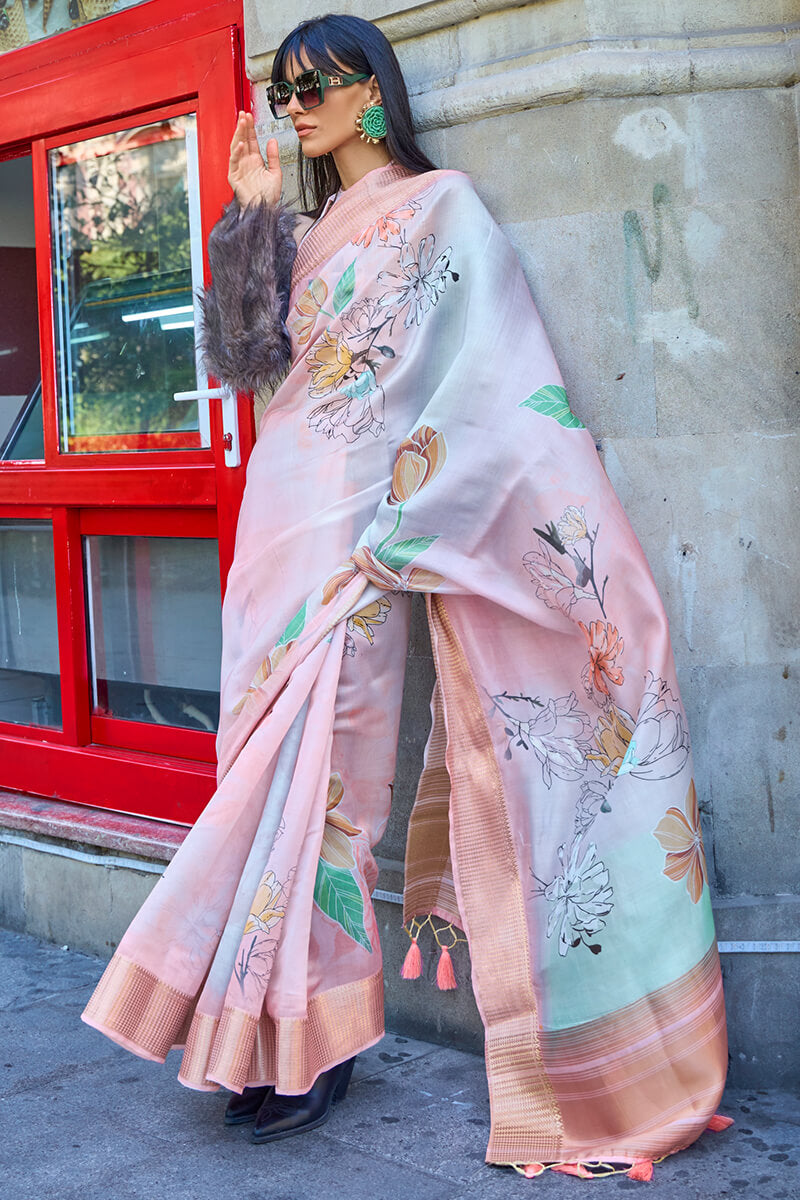 Sky and Peach Organza Printed Satin Silk Saree