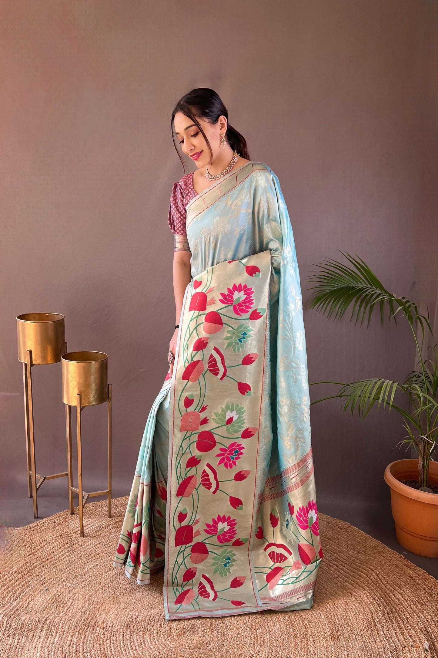 Light Blue Soft Paithani Silk Saree with Traditional Patterns