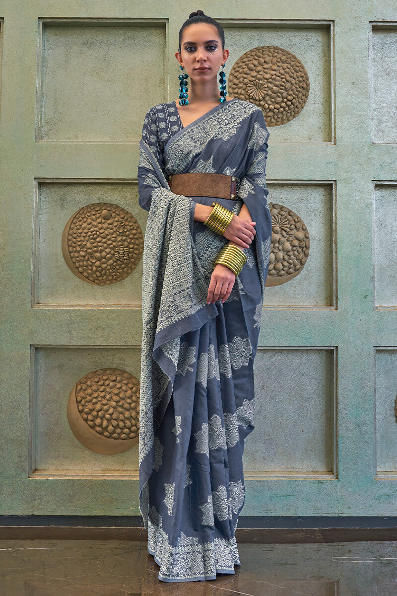 Slate Blue Lucknowi Woven Chikankari Saree