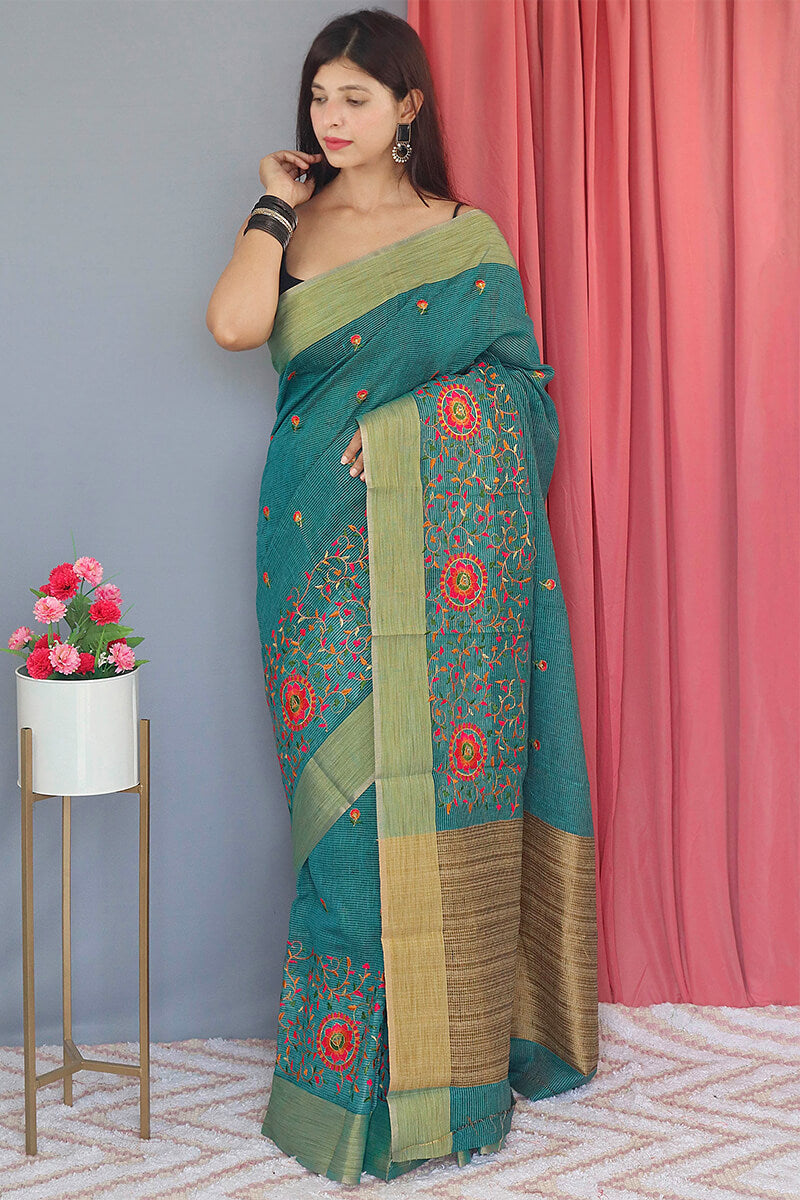 Smalt Blue Embroidered Work Linen Saree