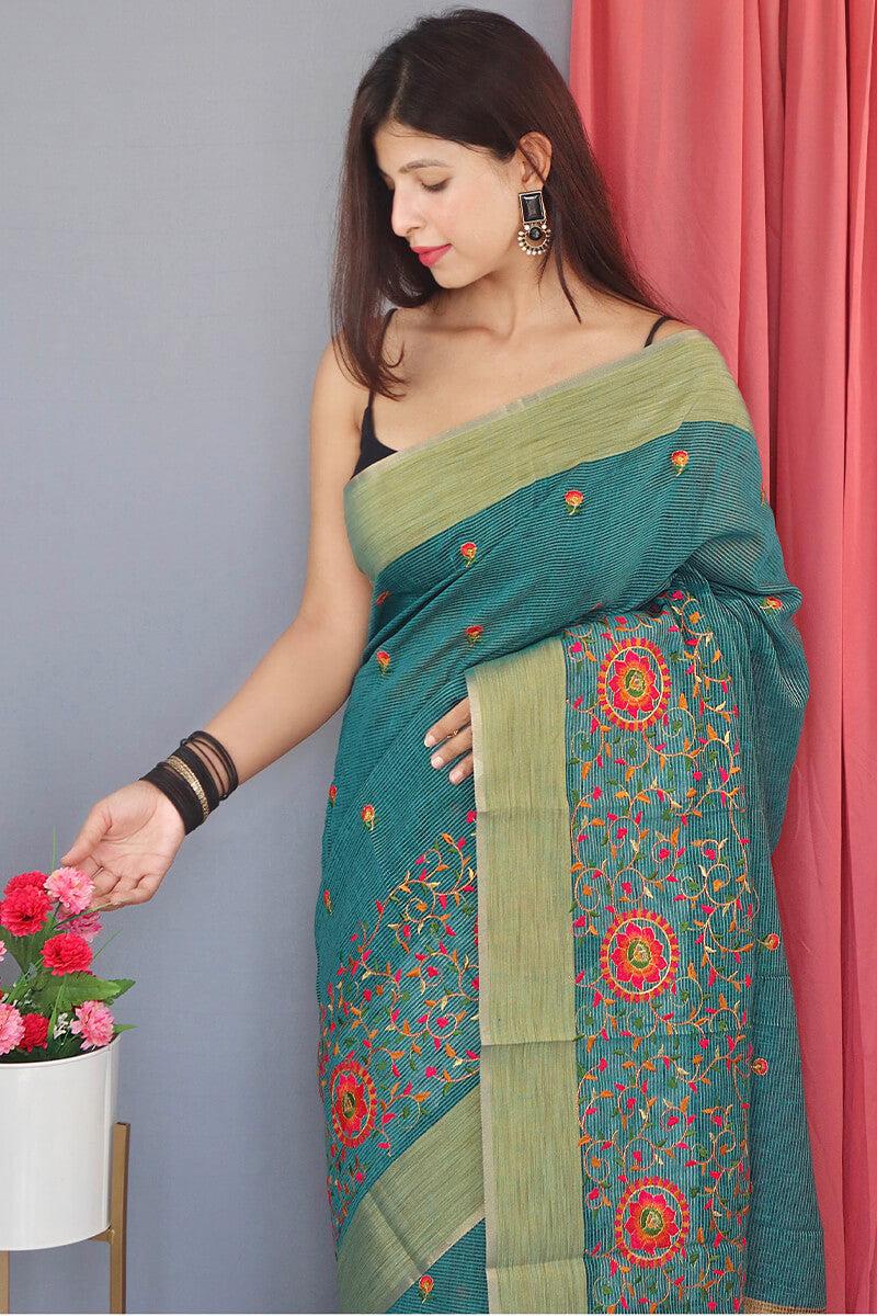 Smalt Blue Embroidered Work Linen Saree