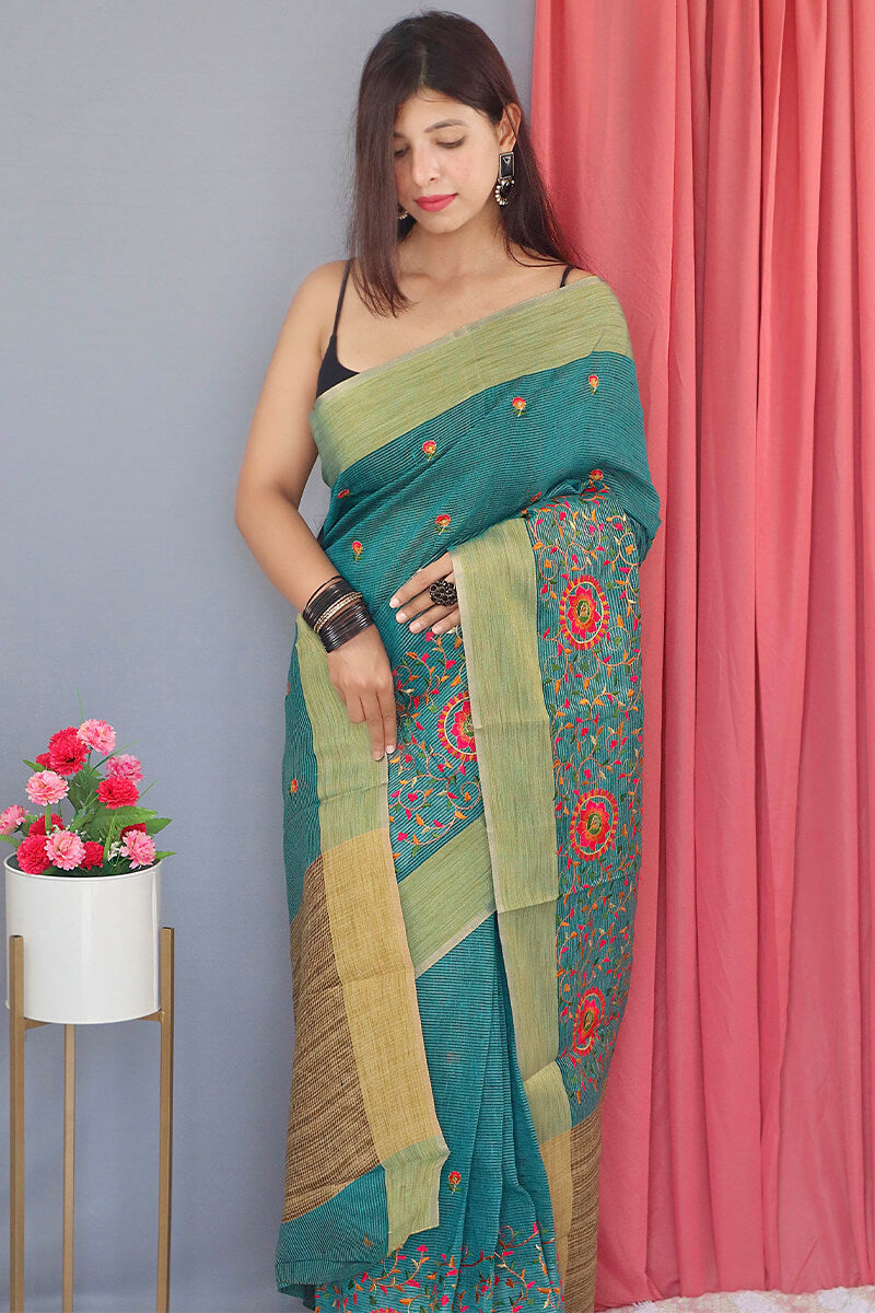 Smalt Blue Embroidered Work Linen Saree