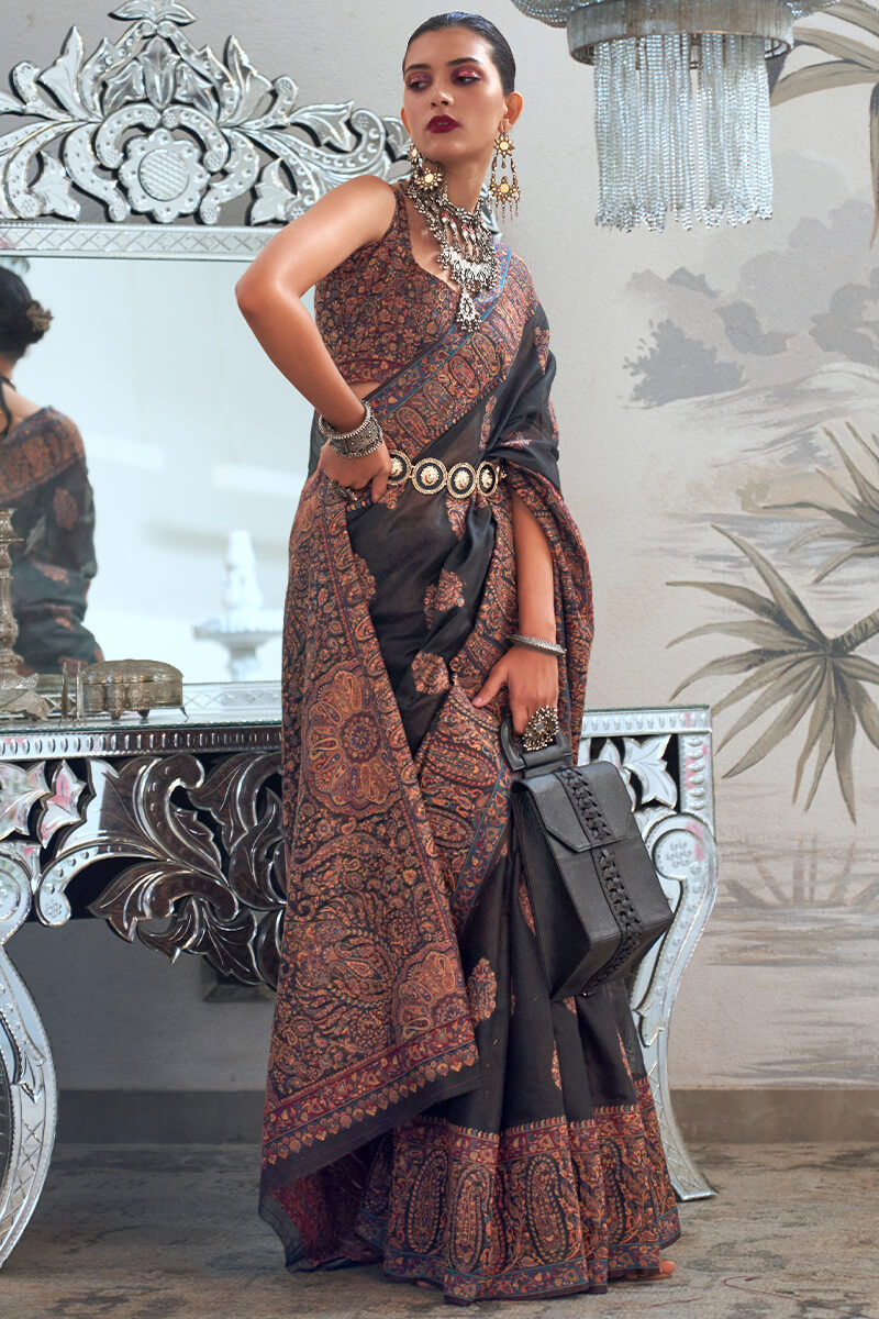 Smoky Black Kashmiri Modal Pashmina Silk Saree