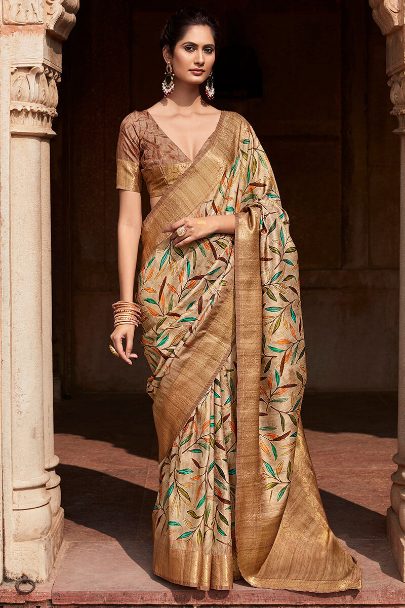 Sorrell Brown Printed Silk Saree