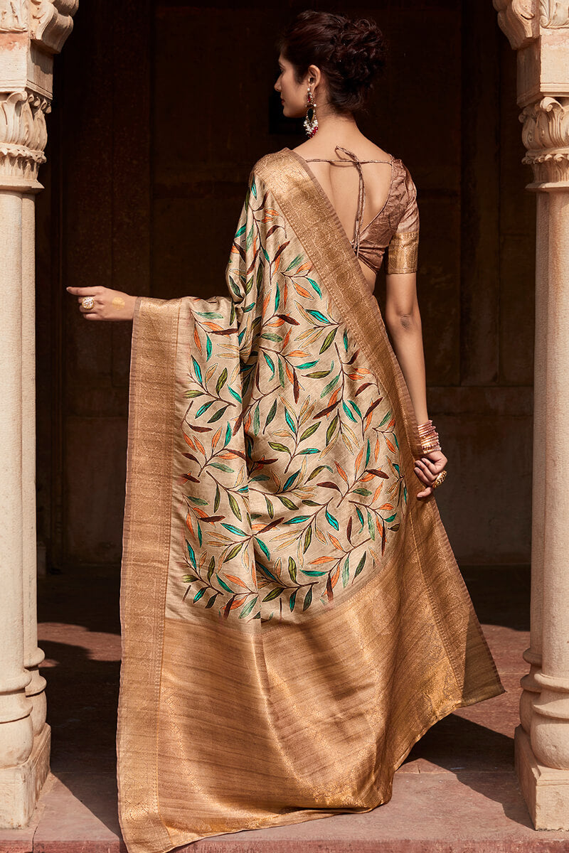 Sorrell Brown Printed Silk Saree