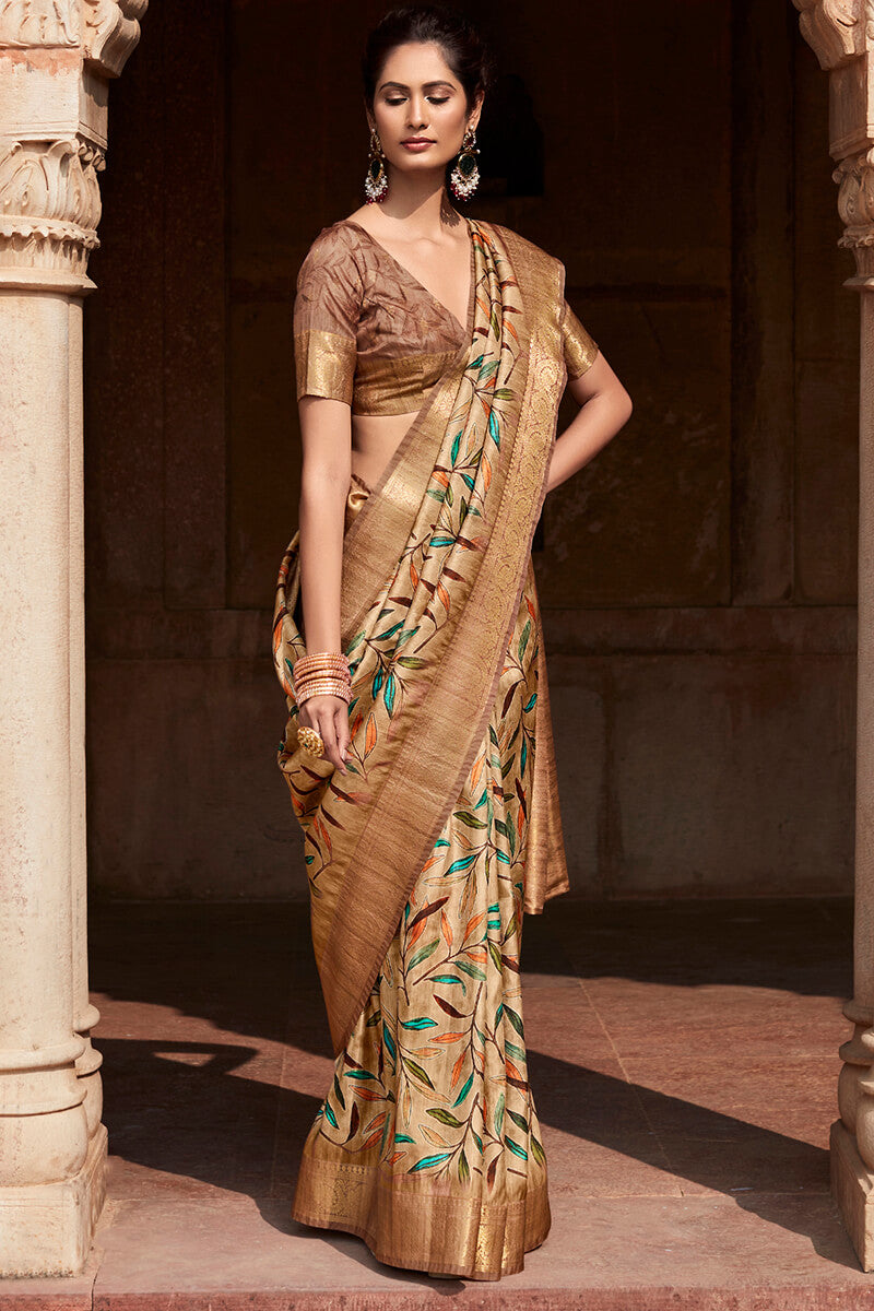 Sorrell Brown Printed Silk Saree