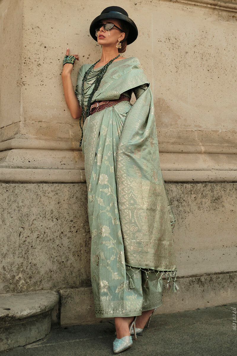 Spanish Green Gota Zari Woven Banarasi Silk Saree