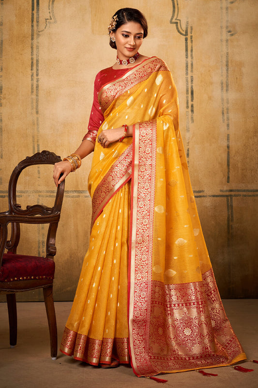 Squash Yellow Banarasi Tissue Silk Saree