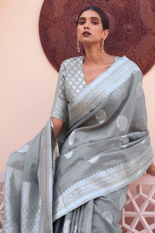 Steel Grey Linen Silk Saree