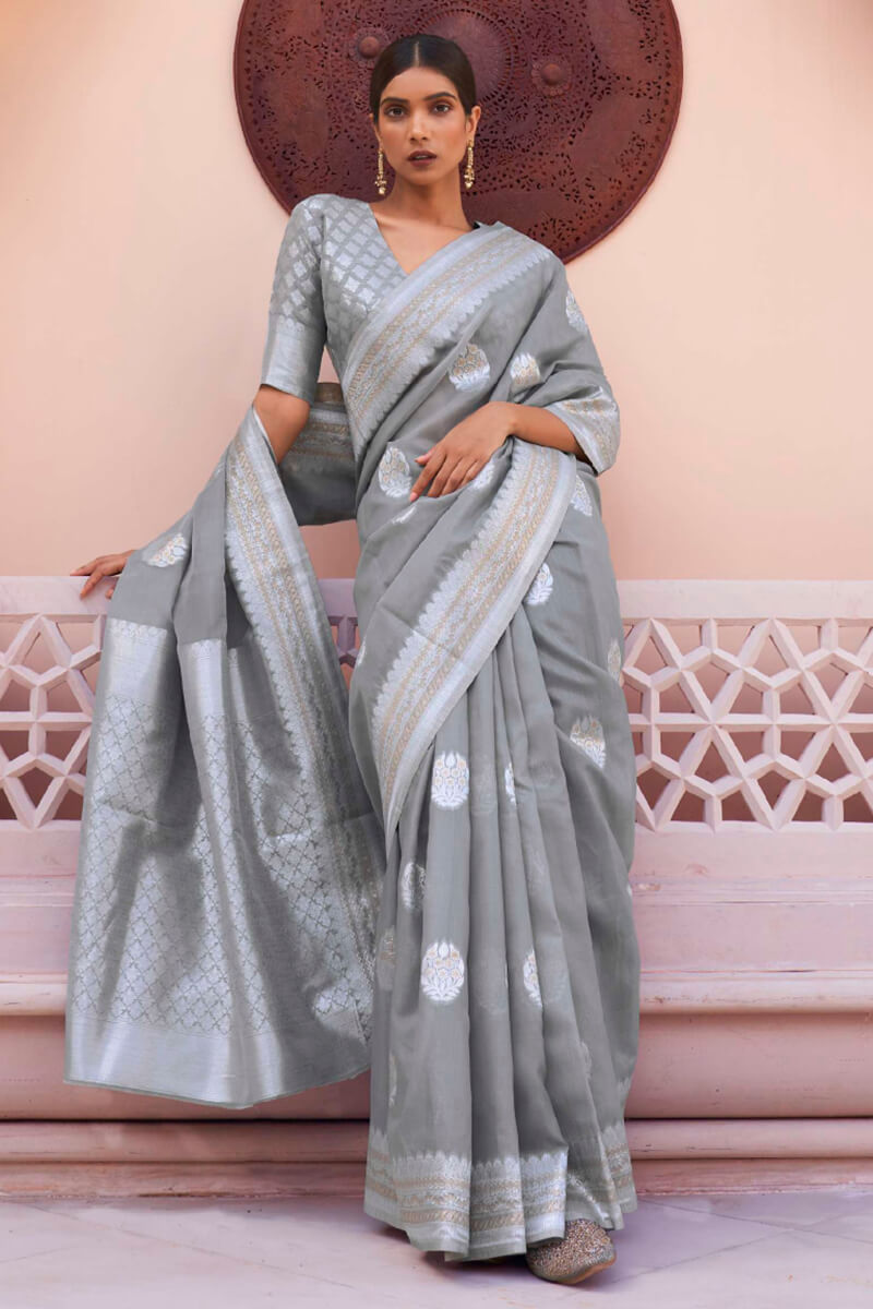 Steel Grey Linen Silk Saree