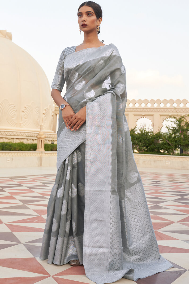 Stone Grey Zari Butta Linen Silk Saree