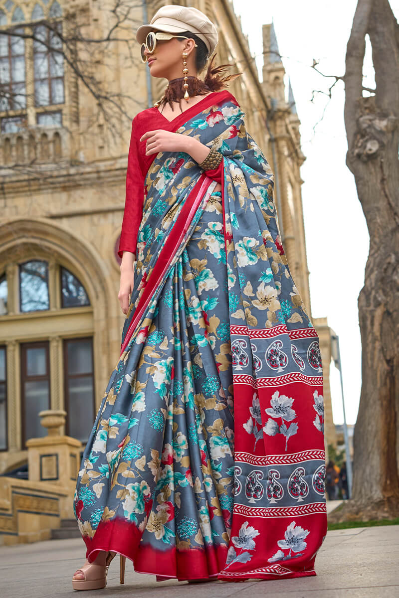 Storm Grey Printed Satin Silk Saree